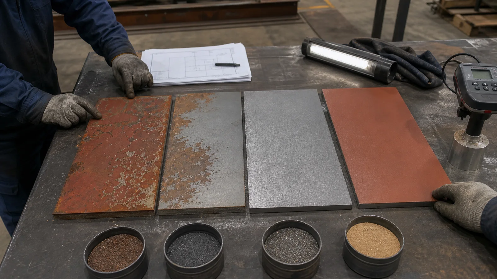 Samples of abrasive blasting media beside prepared steel test panels