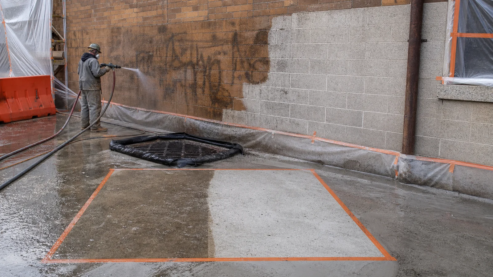 Controlled commercial graffiti removal test area on a masonry wall with nearby surfaces protected