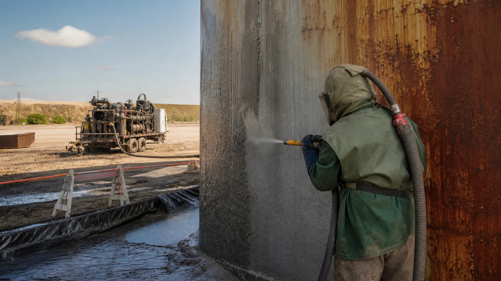 Split view of wet and dry abrasive blasting on commercial steel