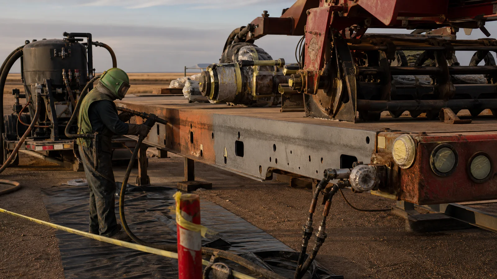 Commercial trailers staged for mobile surface preparation in a controlled fleet yard work zone