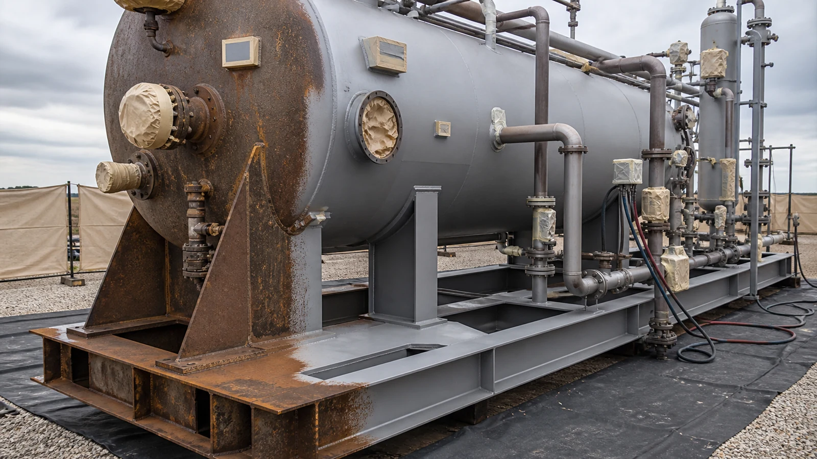 Weathered and prepared sections on a separator skid with sensitive components masked