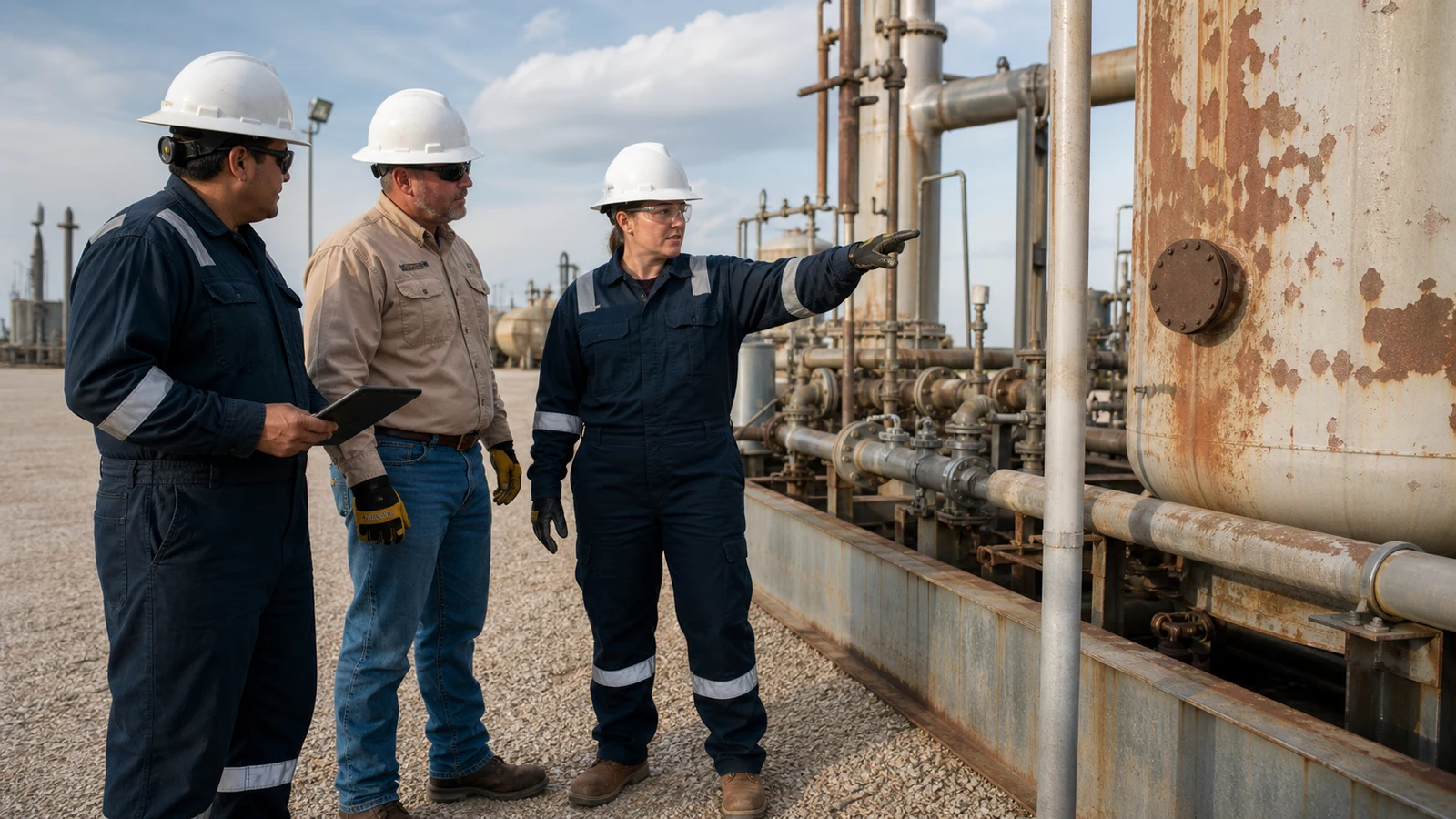 Maintenance manager, coating inspector, and surface-preparation contractor reviewing weathered oilfield equipment