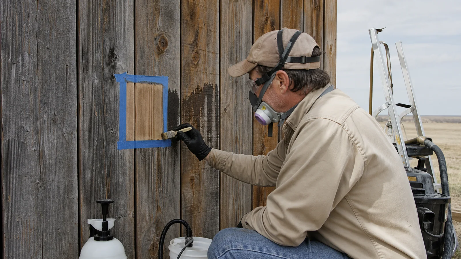 Technician testing controlled abrasive blasting on a weathered wood fence